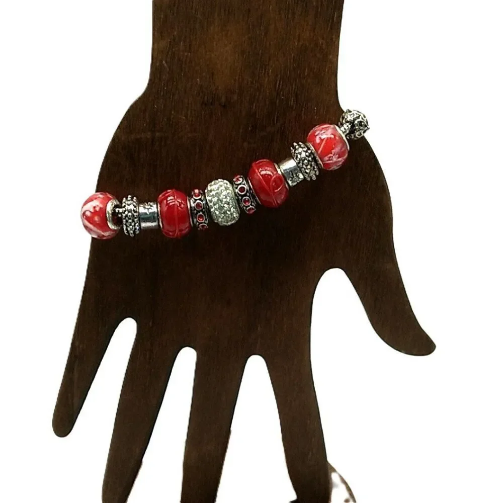 Bling Silver-tone & Red Beaded Charm Slider Bracelet on Snake Chain NWOT